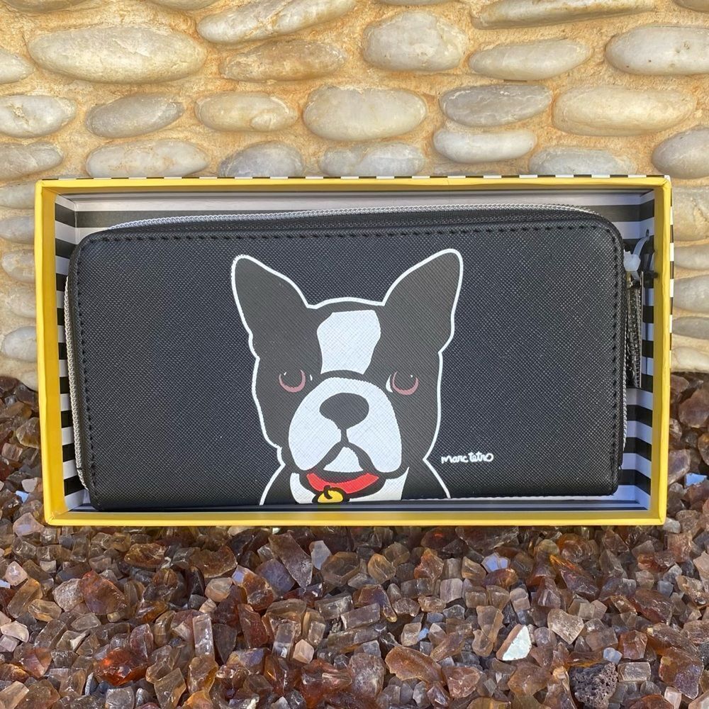 NIB NWT New Marc Tetro Boston Terrier Dog Large Black Zip Around Wallet Puppy